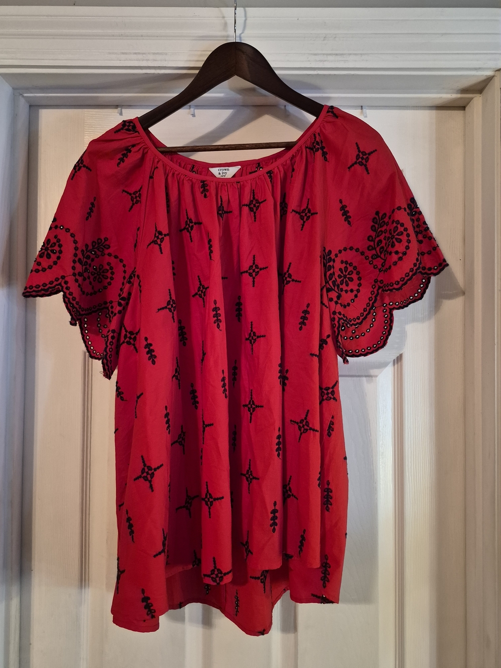 crown & ivy Red Peasant Blouse with Navy Embroidery 3x